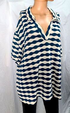 ASOS Design size Large Blue White Striped Oversized V-neck Knit Polo Shirt Top
